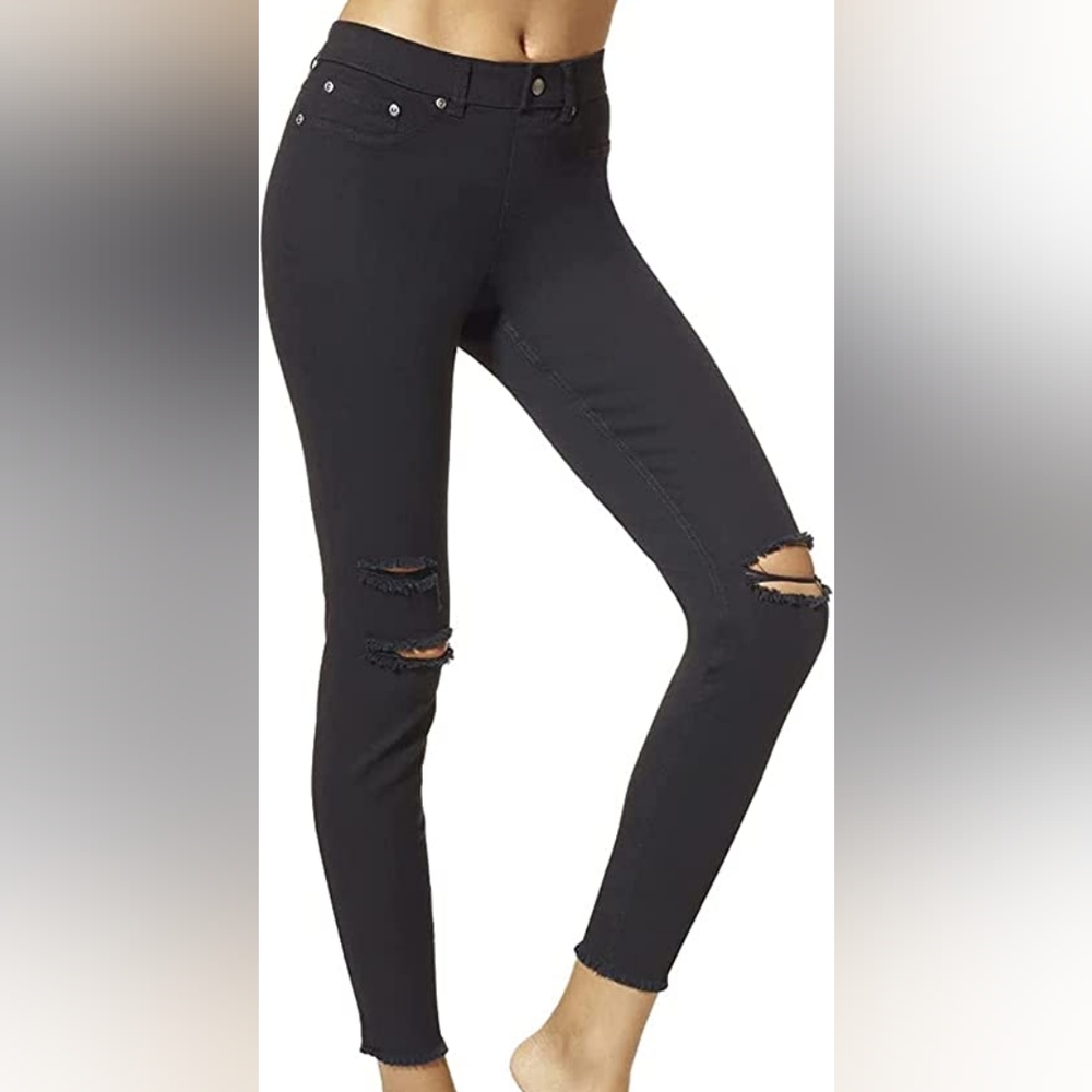 HUE Women's Ripped Knee Black Denim Leggings